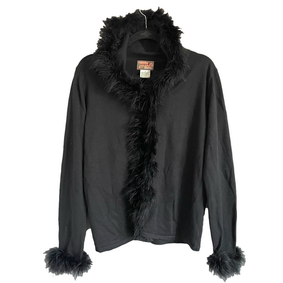 🛑 Vintage April Cornell Black Maribou Feather Trim Cardigan - S/M - Picture 3 of 10